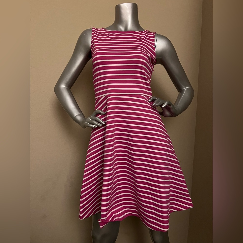 Talbots Fit and Flare sleeveless dress in raspberry and white stripes